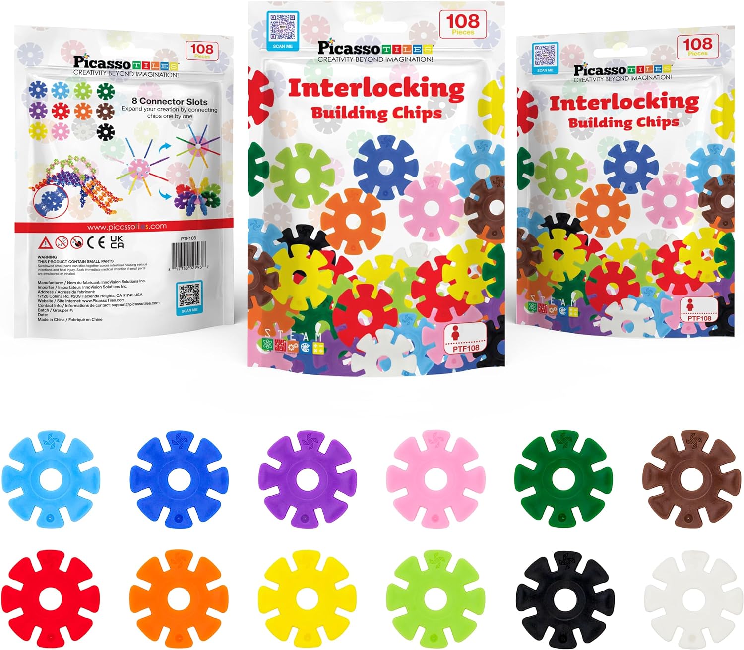 PicassoTiles Building Chips Interlocking Disc Construction Blocks in 12 Colors STEM Learning Early Education Toy Engineering Playset Child Brain Development for Toddlers Girls Boys Kids Age 3 PTF108Chip 108pc 12 Colors