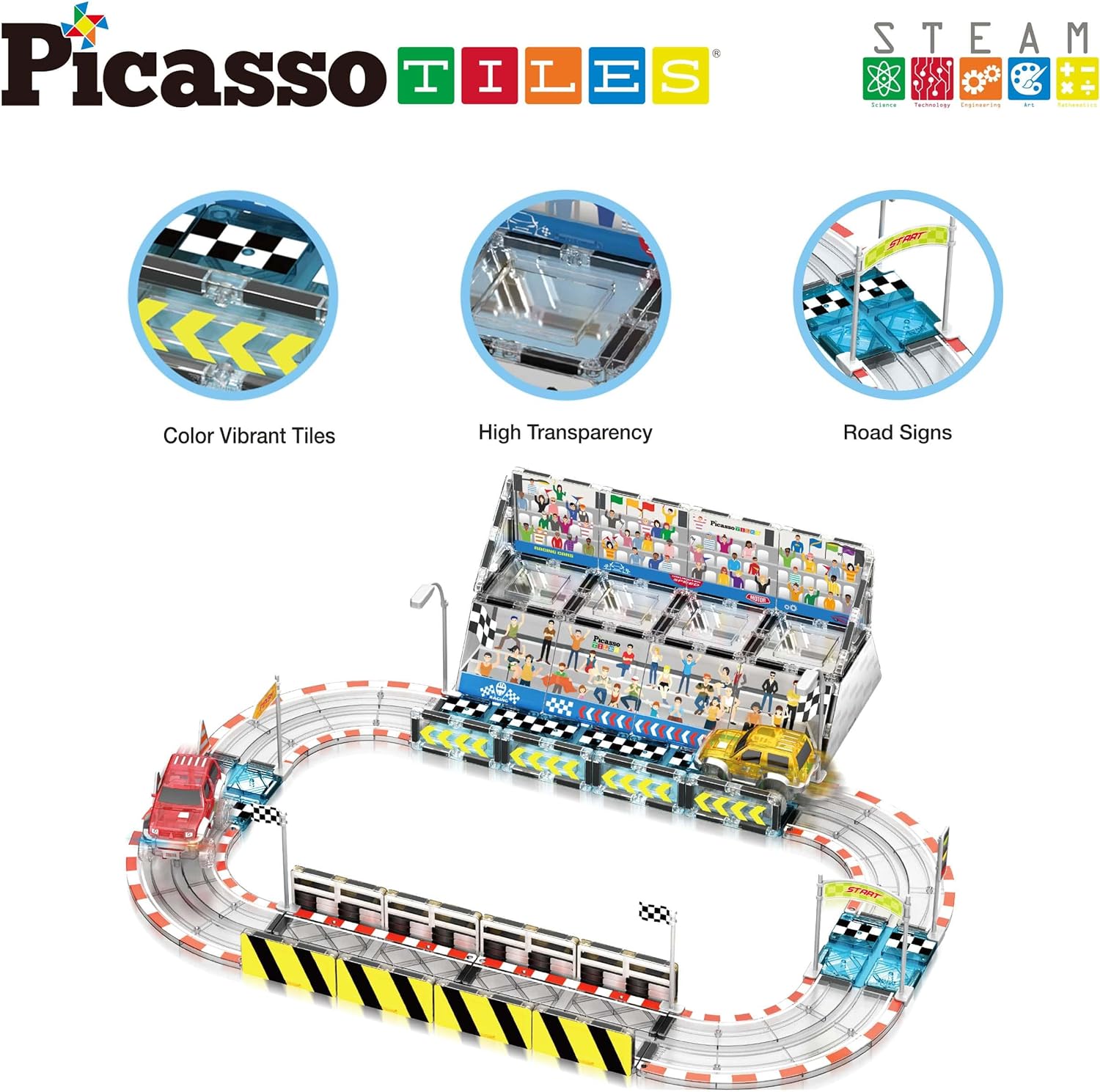 PicassoTiles Dinosaur Magnet Tile Race Car Track with 8 Magnetized Action Figures 2 Cars Accessory Street Sign Kit Magnetic Tiles Construction Building Block Pretend Play Education Toy Ages 3 PTR0264pc w Stadium Seating