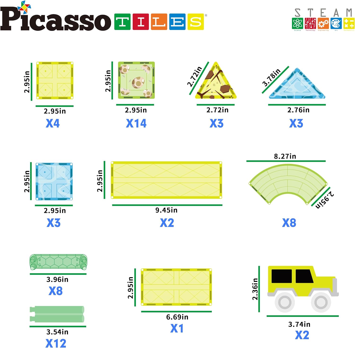 PicassoTiles Dinosaur Magnet Tile Race Car Track with 8 Magnetized Action Figures 2 Cars Accessory Street Sign Kit Magnetic Tiles Construction Building Block Pretend Play Education Toy Ages 3 PTR0289pc Dinosaur