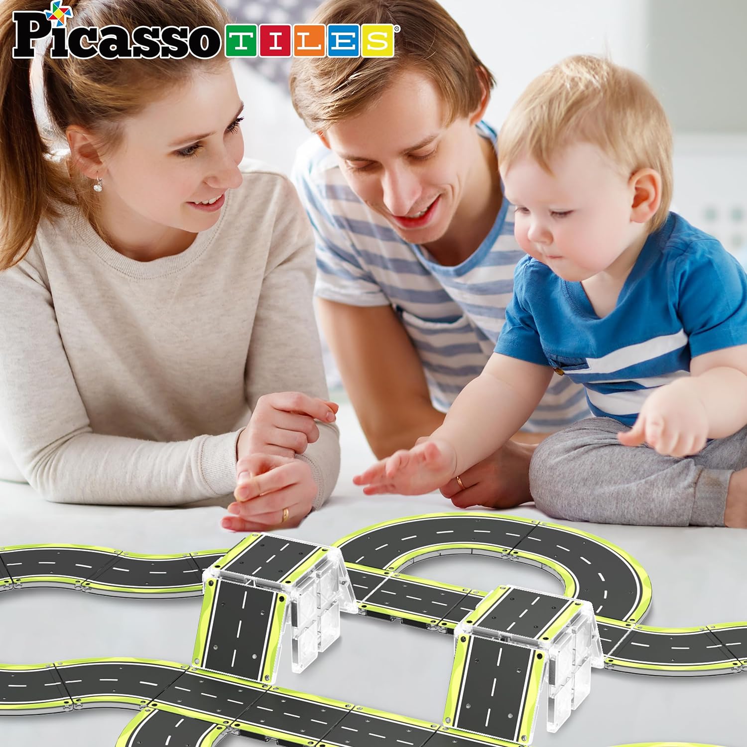 PicassoTiles Dinosaur Magnet Tile Race Car Track with 8 Magnetized Action Figures 2 Cars Accessory Street Sign Kit Magnetic Tiles Construction Building Block Pretend Play Education Toy Ages 3 PTR02Sppedway