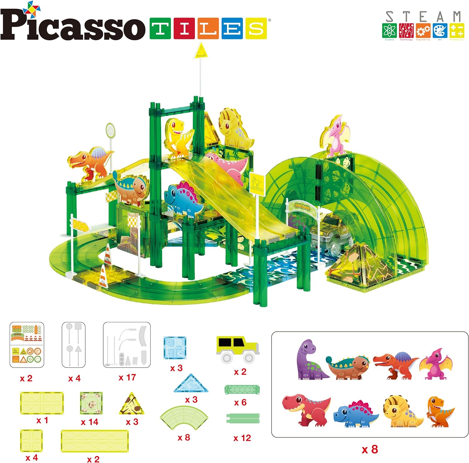 PicassoTiles Dinosaur Magnet Tile Race Car Track with 8 Magnetized Action Figures 2 Cars Accessory Street Sign Kit Magnetic Tiles Construction Building Block Pretend Play Education Toy Ages 3 PTR0289pc Dinosaur