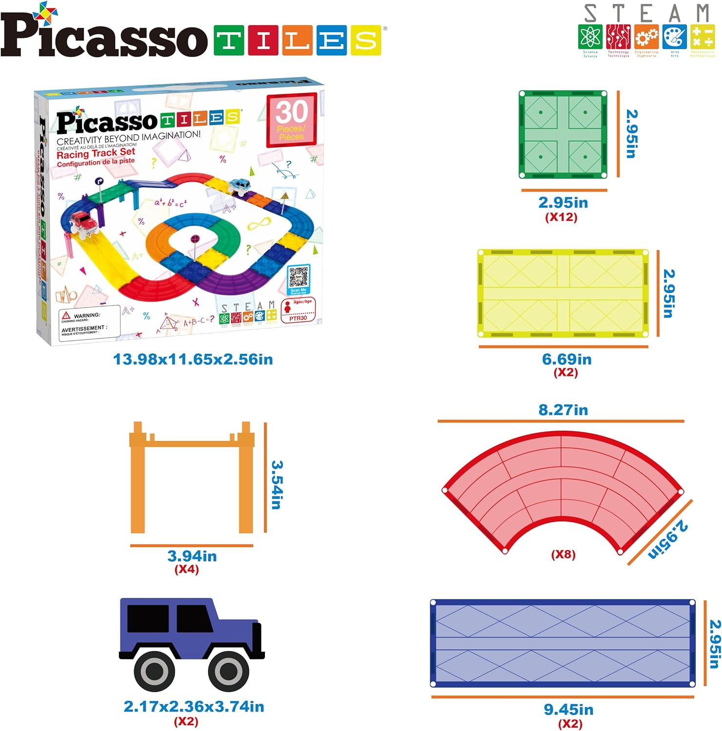 PicassoTiles Dinosaur Magnet Tile Race Car Track with 8 Magnetized Action Figures 2 Cars Accessory Street Sign Kit Magnetic Tiles Construction Building Block Pretend Play Education Toy Ages 3 PTR0230PC Race Track