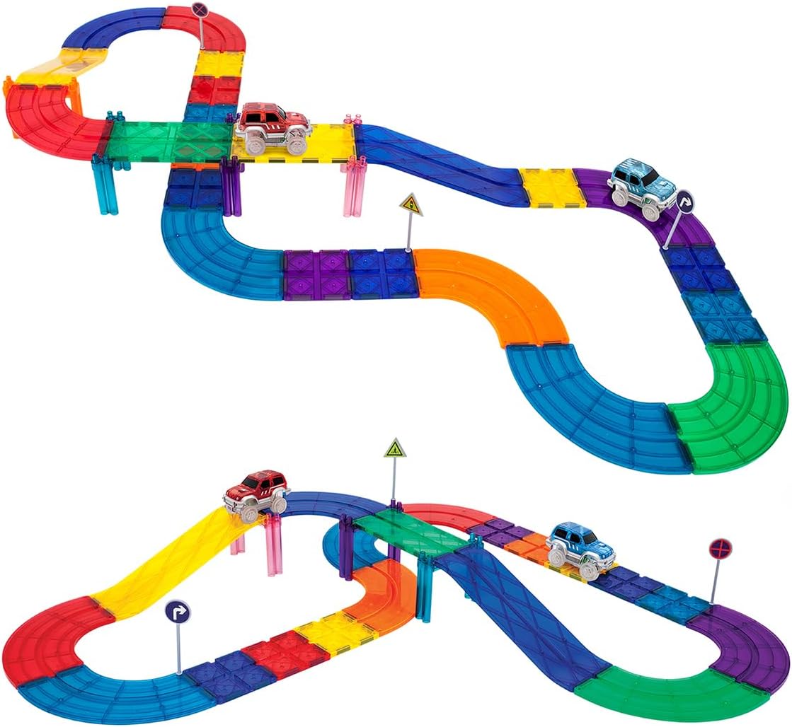 PicassoTiles Dinosaur Magnet Tile Race Car Track with 8 Magnetized Action Figures 2 Cars Accessory Street Sign Kit Magnetic Tiles Construction Building Block Pretend Play Education Toy Ages 3 PTR0230PC Race Track