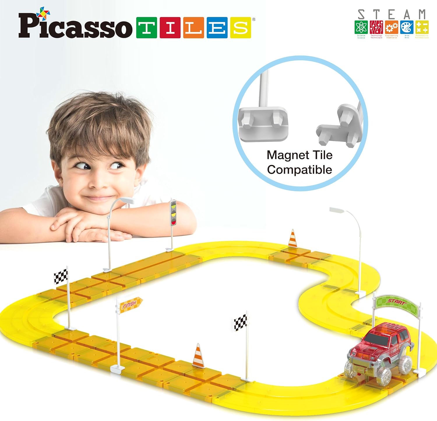 PicassoTiles Dinosaur Magnet Tile Race Car Track with 8 Magnetized Action Figures 2 Cars Accessory Street Sign Kit Magnetic Tiles Construction Building Block Pretend Play Education Toy Ages 3 PTR02Traffic Sign