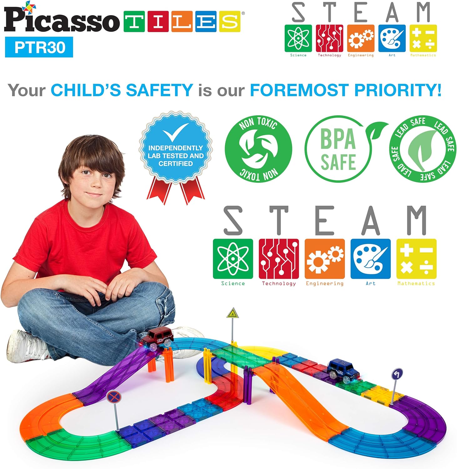 PicassoTiles Dinosaur Magnet Tile Race Car Track with 8 Magnetized Action Figures 2 Cars Accessory Street Sign Kit Magnetic Tiles Construction Building Block Pretend Play Education Toy Ages 3 PTR0230PC Race Track