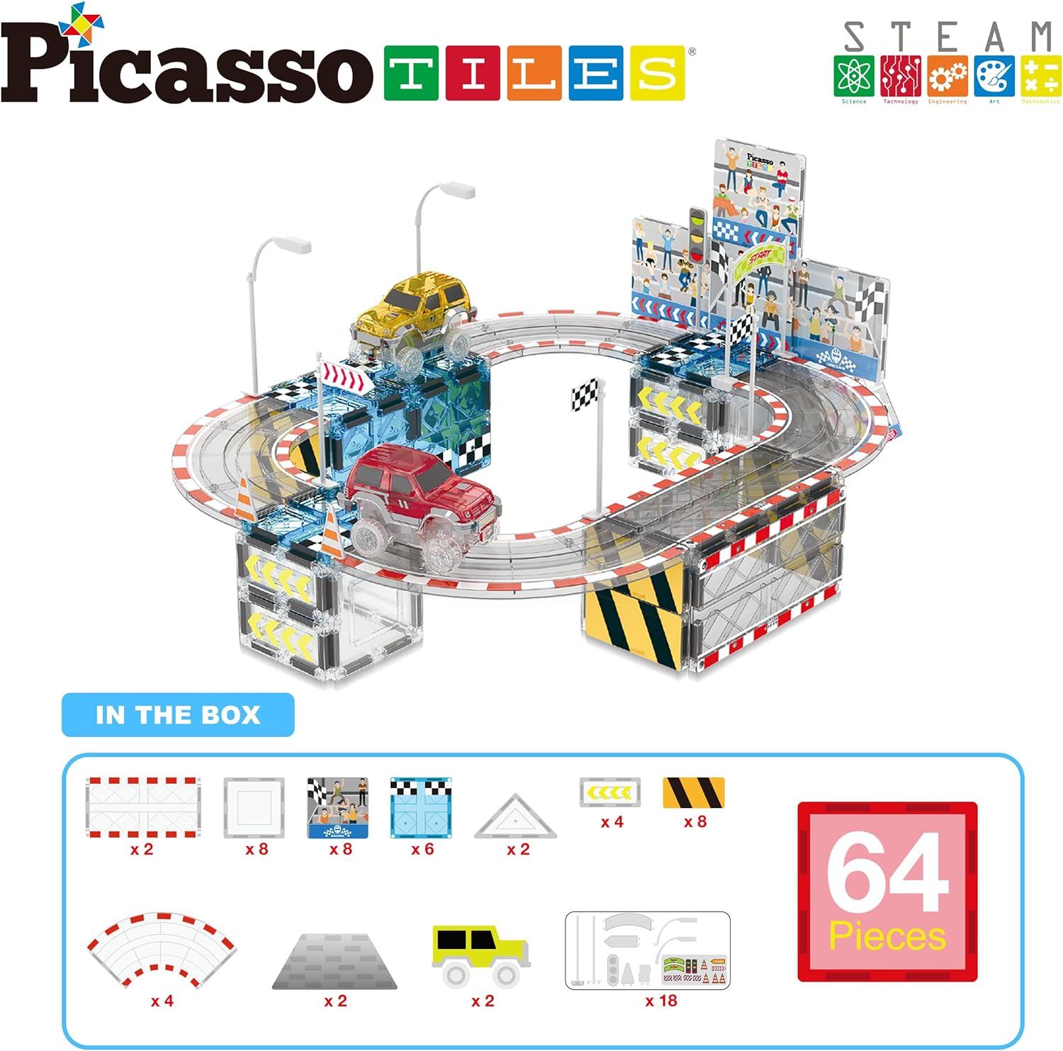 PicassoTiles Dinosaur Magnet Tile Race Car Track with 8 Magnetized Action Figures 2 Cars Accessory Street Sign Kit Magnetic Tiles Construction Building Block Pretend Play Education Toy Ages 3 PTR0264pc w Stadium Seating