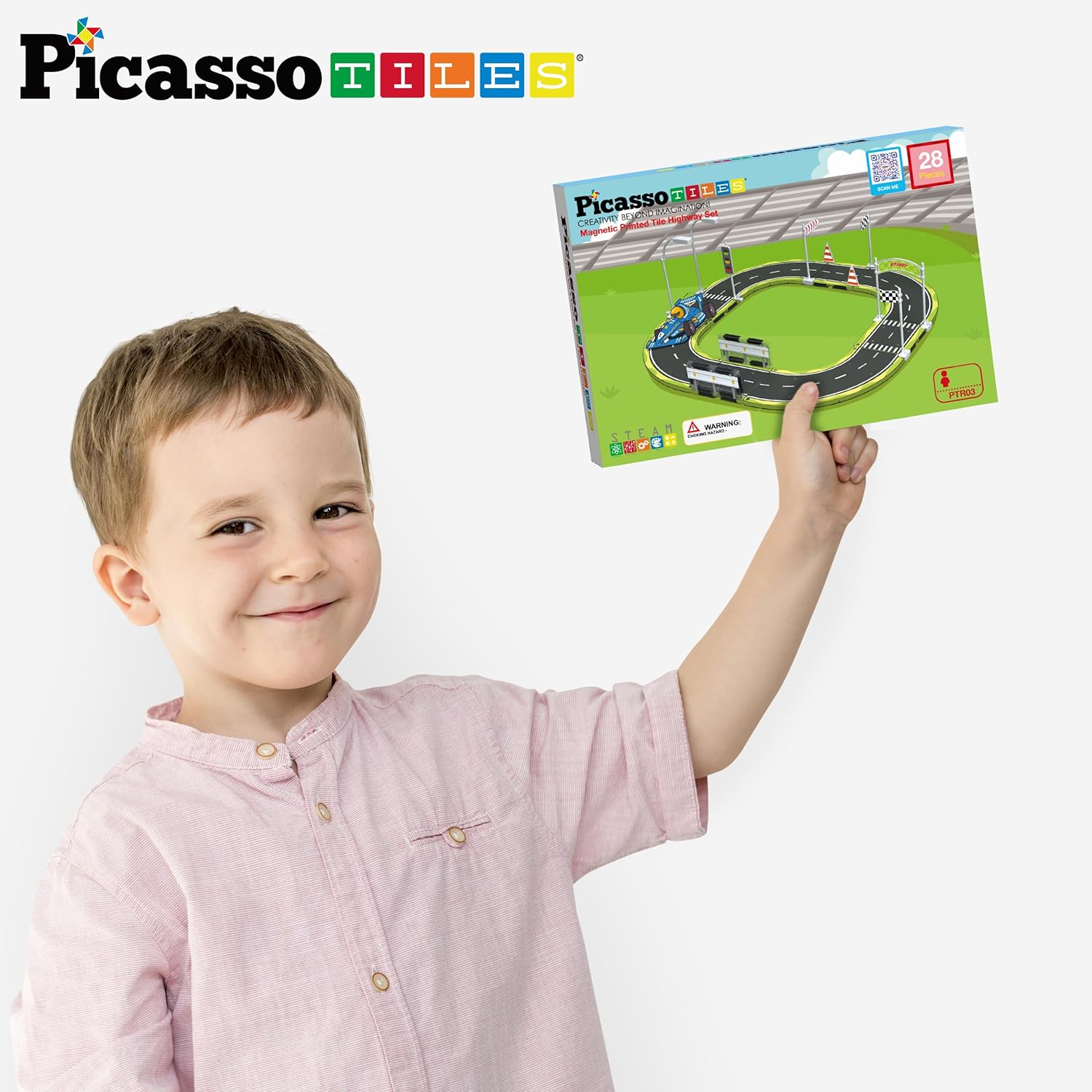 PicassoTiles Dinosaur Magnet Tile Race Car Track with 8 Magnetized Action Figures 2 Cars Accessory Street Sign Kit Magnetic Tiles Construction Building Block Pretend Play Education Toy Ages 3 PTR02Road w Sign