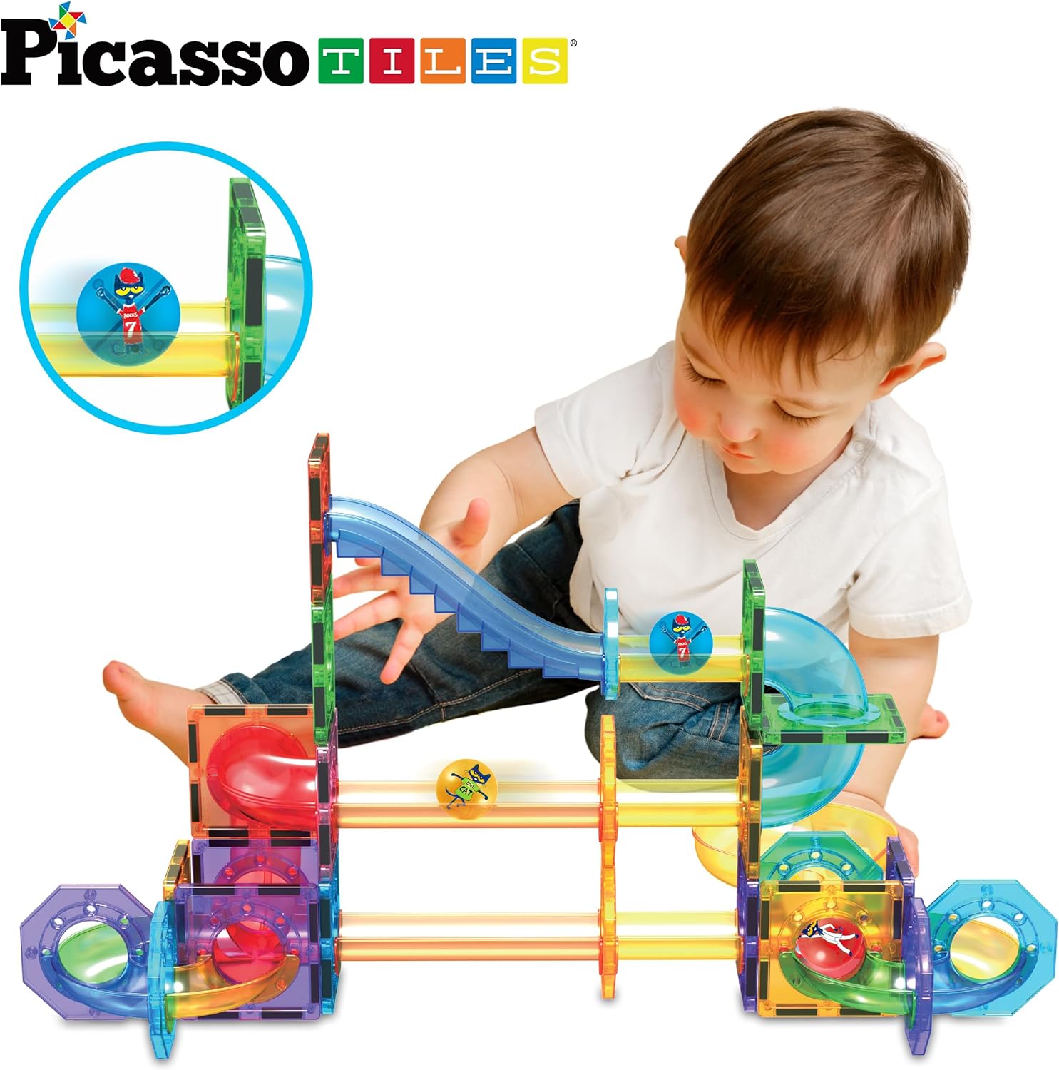 PicassoTiles Magnet Marble Run Tiles Pete The Cat Themed Character Marbles for Magnetic Building Block Construction Tile Maze Structures STEM Learning Pretend Play Fun Toys Girls Boys Ages 3 PTG02Pete the Cat 4PC