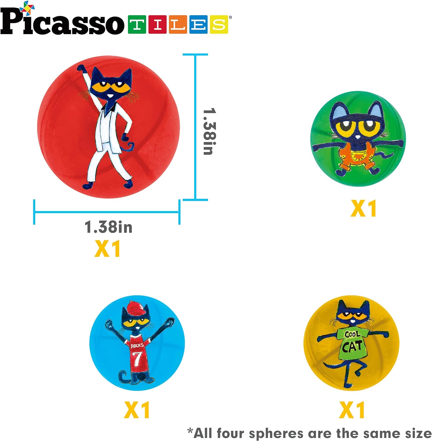 PicassoTiles Magnet Marble Run Tiles Pete The Cat Themed Character Marbles for Magnetic Building Block Construction Tile Maze Structures STEM Learning Pretend Play Fun Toys Girls Boys Ages 3 PTG02Pete the Cat 4PC