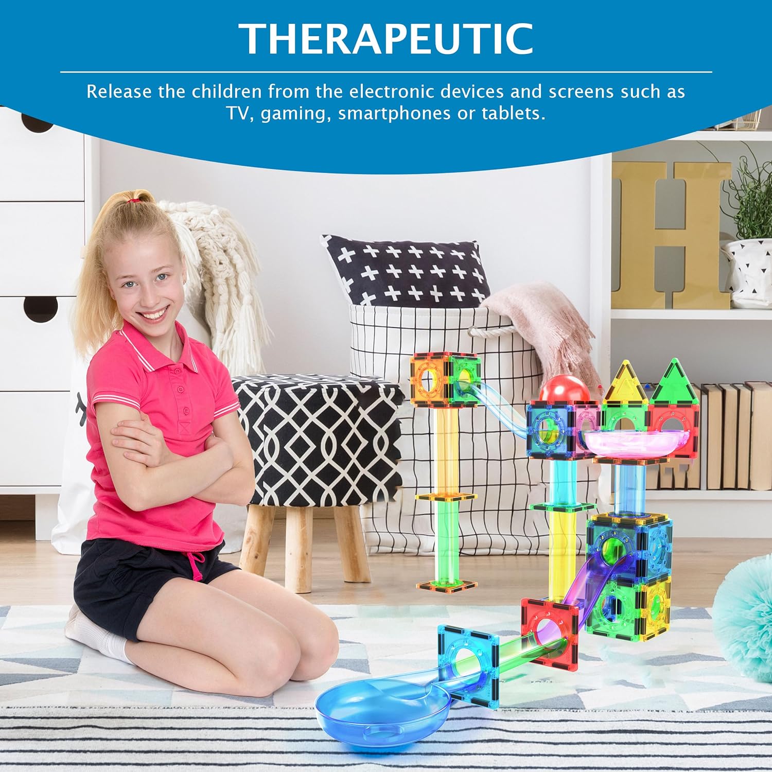 PicassoTiles Magnet Marble Run Tiles Pete The Cat Themed Character Marbles for Magnetic Building Block Construction Tile Maze Structures STEM Learning Pretend Play Fun Toys Girls Boys Ages 3 PTG02PTG70