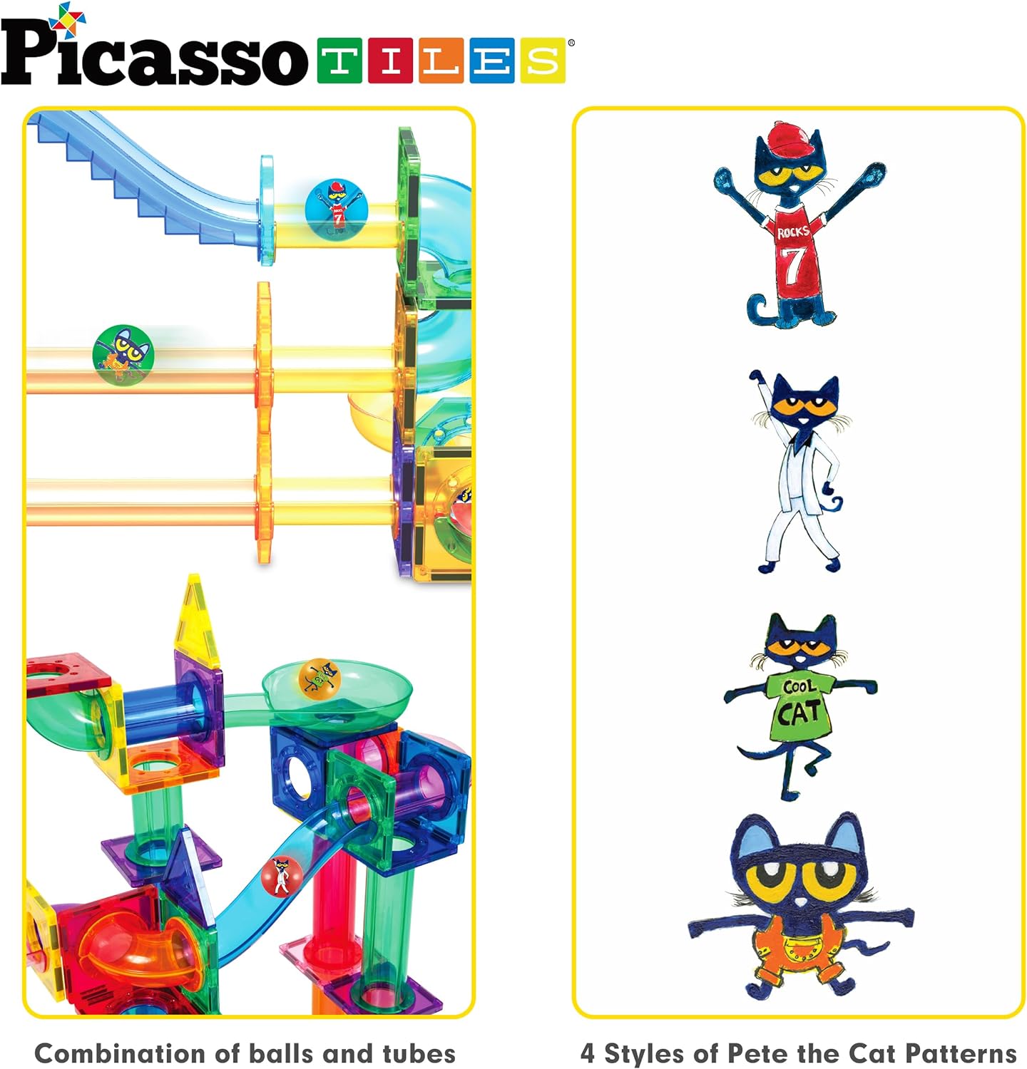 PicassoTiles Magnet Marble Run Tiles Pete The Cat Themed Character Marbles for Magnetic Building Block Construction Tile Maze Structures STEM Learning Pretend Play Fun Toys Girls Boys Ages 3 PTG02Pete the Cat 4PC