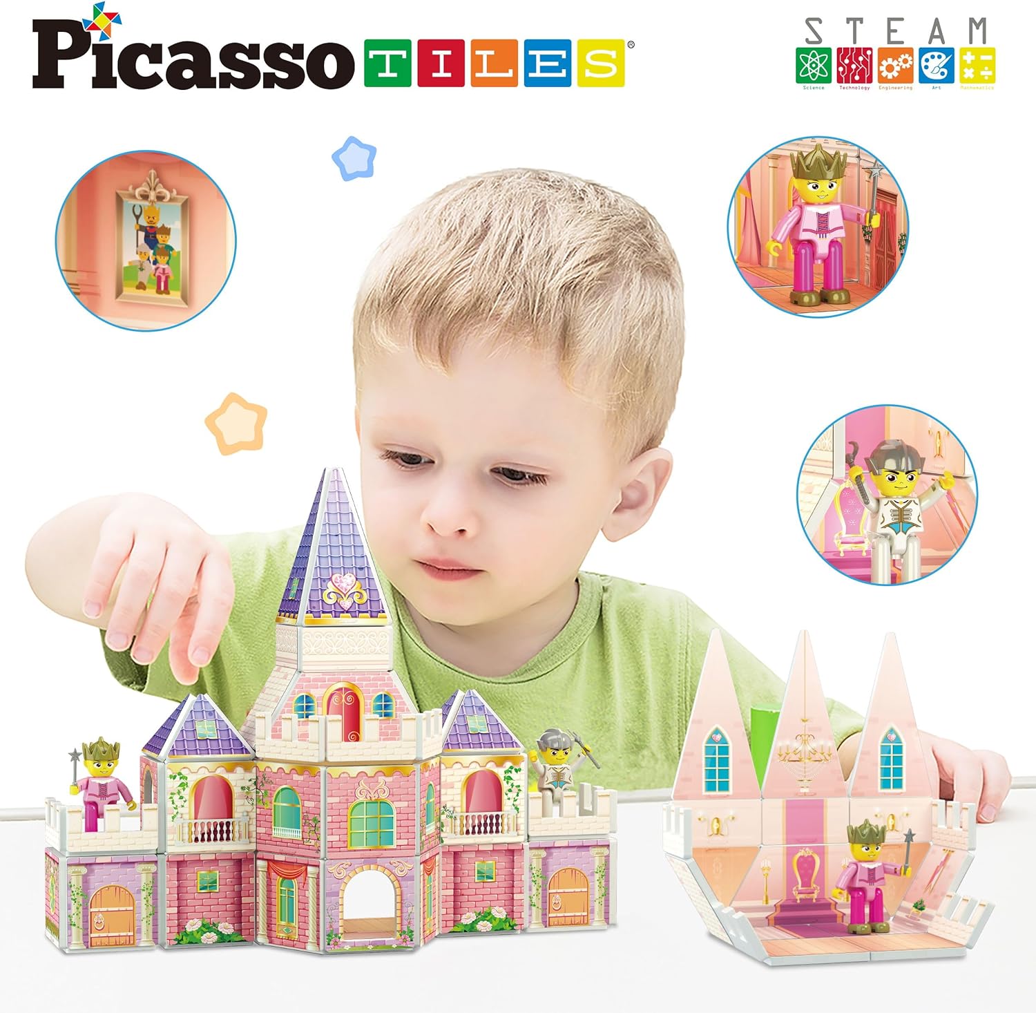 PicassoTiles Magnet Tile Building Blocks Ninja Dojo House Theme STEM Playset with 4 Character Action Figure Ninjas Weapon Accessories Magnetic Tiles Educational Toy Pretend Play Toddlers Ages 3 PTQ07Princess Castle