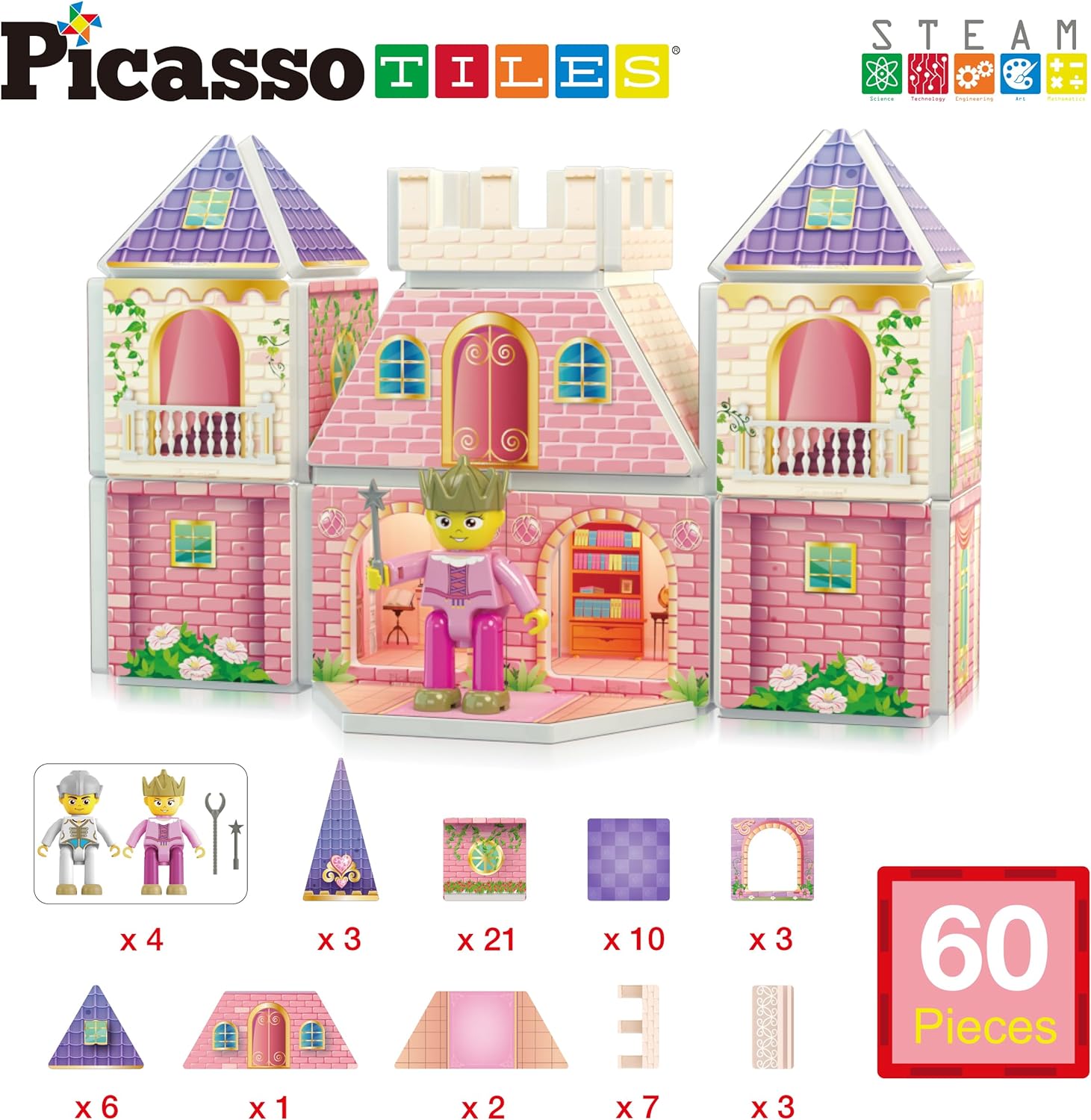 PicassoTiles Magnet Tile Building Blocks Ninja Dojo House Theme STEM Playset with 4 Character Action Figure Ninjas Weapon Accessories Magnetic Tiles Educational Toy Pretend Play Toddlers Ages 3 PTQ07Princess Castle