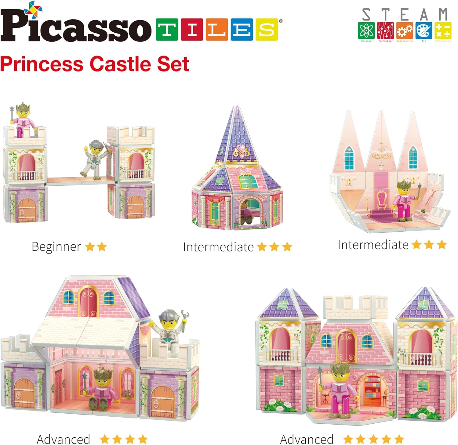 PicassoTiles Magnet Tile Building Blocks Ninja Dojo House Theme STEM Playset with 4 Character Action Figure Ninjas Weapon Accessories Magnetic Tiles Educational Toy Pretend Play Toddlers Ages 3 PTQ07Princess Castle