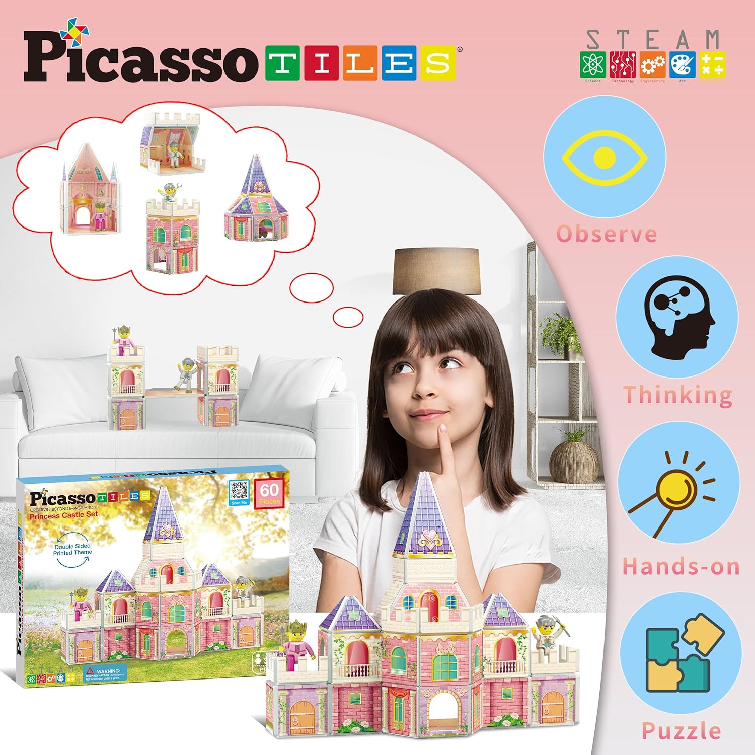 PicassoTiles Magnet Tile Building Blocks Ninja Dojo House Theme STEM Playset with 4 Character Action Figure Ninjas Weapon Accessories Magnetic Tiles Educational Toy Pretend Play Toddlers Ages 3 PTQ07Princess Castle