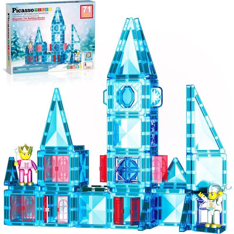 PicassoTiles 71pc Mini Diamond Series Winter Ice Theme Magnetic Tile Building Blocks 2 Character Action Figures Travel Size OnTheGo Magnet Construction Toy Set STEM Development Kit Ages 3 PTM7171pc Ice