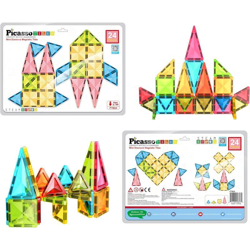 PicassoTiles 71pc Mini Diamond Series Winter Ice Theme Magnetic Tile Building Blocks 2 Character Action Figures Travel Size OnTheGo Magnet Construction Toy Set STEM Development Kit Ages 3 PTM7124pc