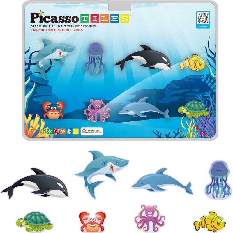 PicassoTiles 8pc Magnet Tile Building Blocks 8 Marine Animal Action Figures Compatible Magnetic Accessory Playset Tiles Kids Toys STEM Educational Learning Preschool Toddler Girls Boys Age 3 PTA25Marine