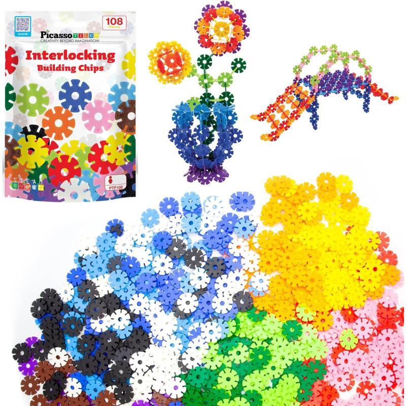 PicassoTiles Building Chips Interlocking Disc Construction Blocks in 12 Colors STEM Learning Early Education Toy Engineering Playset Child Brain Development for Toddlers Girls Boys Kids Age 3 PTF108Chip 108pc 12 Colors
