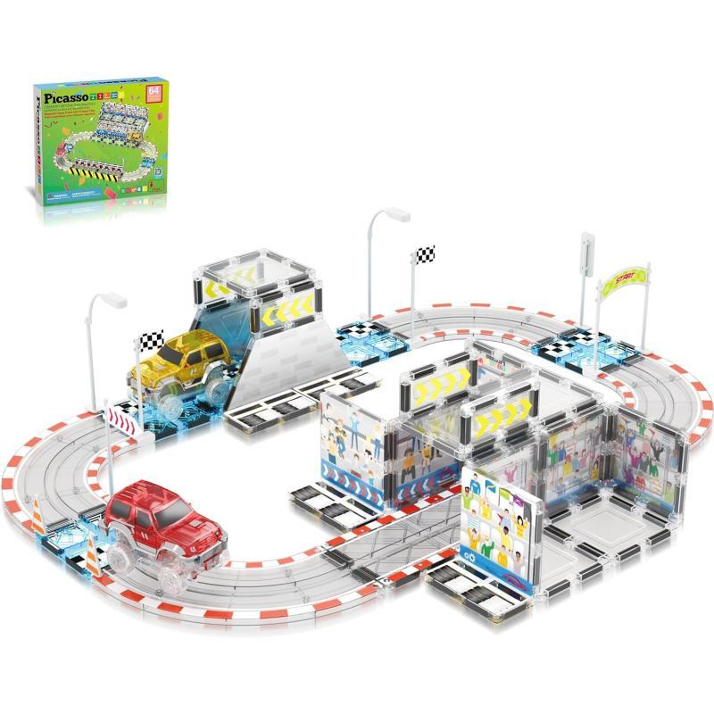 PicassoTiles Dinosaur Magnet Tile Race Car Track with 8 Magnetized Action Figures 2 Cars Accessory Street Sign Kit Magnetic Tiles Construction Building Block Pretend Play Education Toy Ages 3 PTR0264pc w Stadium Seating