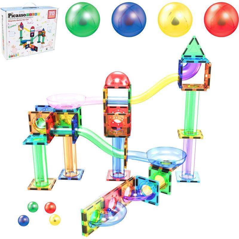 PicassoTiles Magnet Marble Run Tiles Pete The Cat Themed Character Marbles for Magnetic Building Block Construction Tile Maze Structures STEM Learning Pretend Play Fun Toys Girls Boys Ages 3 PTG02PTG70