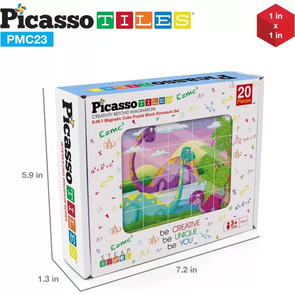Picasso Cubes 20 pcs Magnetic Cube Puzzle 6in1 Vehicle Theme Pattern Magnet Brain Teaser Cubes Building Block 120 Pictures Toy Set Kids Ages 3  Up Preschool Children Promotes Problem PMC24Dinosaur 20PC