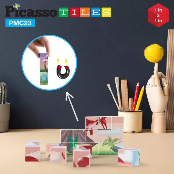 Picasso Cubes 20 pcs Magnetic Cube Puzzle 6in1 Vehicle Theme Pattern Magnet Brain Teaser Cubes Building Block 120 Pictures Toy Set Kids Ages 3  Up Preschool Children Promotes Problem PMC24Dinosaur 20PC