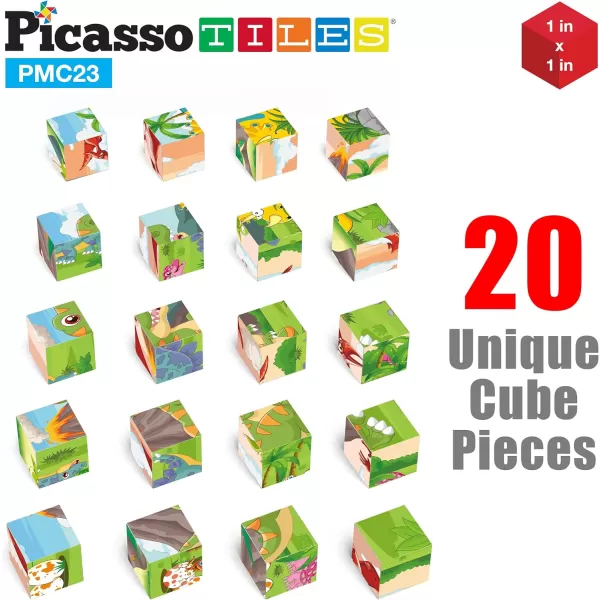 Picasso Cubes 20 pcs Magnetic Cube Puzzle 6in1 Vehicle Theme Pattern Magnet Brain Teaser Cubes Building Block 120 Pictures Toy Set Kids Ages 3  Up Preschool Children Promotes Problem PMC24Dinosaur 20PC