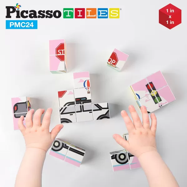 Picasso Cubes 20 pcs Magnetic Cube Puzzle 6in1 Vehicle Theme Pattern Magnet Brain Teaser Cubes Building Block 120 Pictures Toy Set Kids Ages 3  Up Preschool Children Promotes Problem PMC24Car 20PC