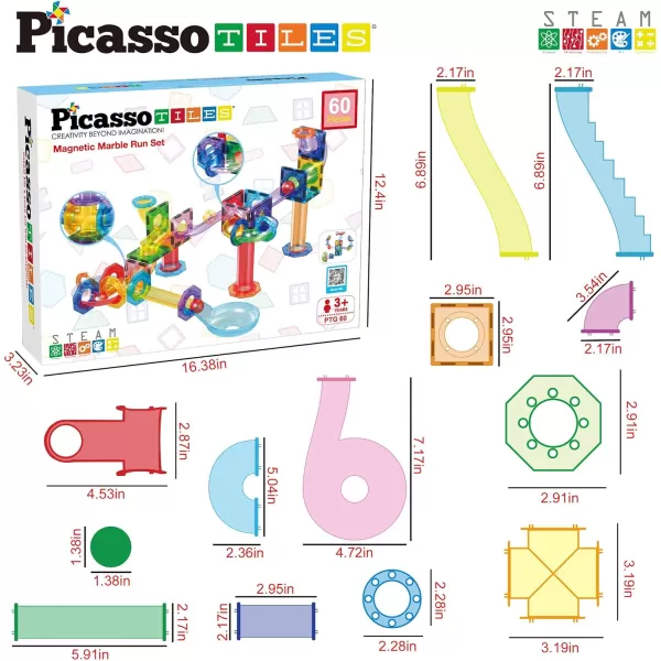 PicassoTiles 12 PC Magnetic Tiles for Marble Run Racetrack Square Joint Shape Building Block Construction Colorful STEM Toy Set Learning Kit Educational Magnet Playset for Toddler Boys  Girls Ages 3PTG60