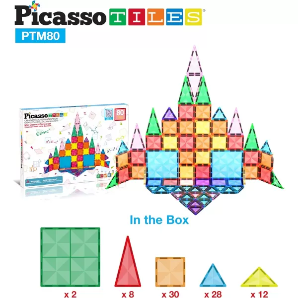PicassoTiles 71pc Mini Diamond Series Winter Ice Theme Magnetic Tile Building Blocks 2 Character Action Figures Travel Size OnTheGo Magnet Construction Toy Set STEM Development Kit Ages 3 PTM7180pc
