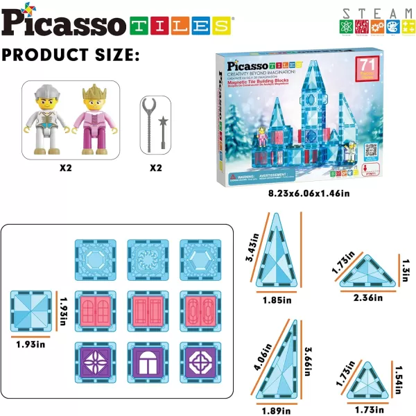 PicassoTiles 71pc Mini Diamond Series Winter Ice Theme Magnetic Tile Building Blocks 2 Character Action Figures Travel Size OnTheGo Magnet Construction Toy Set STEM Development Kit Ages 3 PTM7171pc Ice