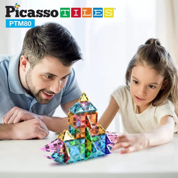 PicassoTiles 71pc Mini Diamond Series Winter Ice Theme Magnetic Tile Building Blocks 2 Character Action Figures Travel Size OnTheGo Magnet Construction Toy Set STEM Development Kit Ages 3 PTM7180pc