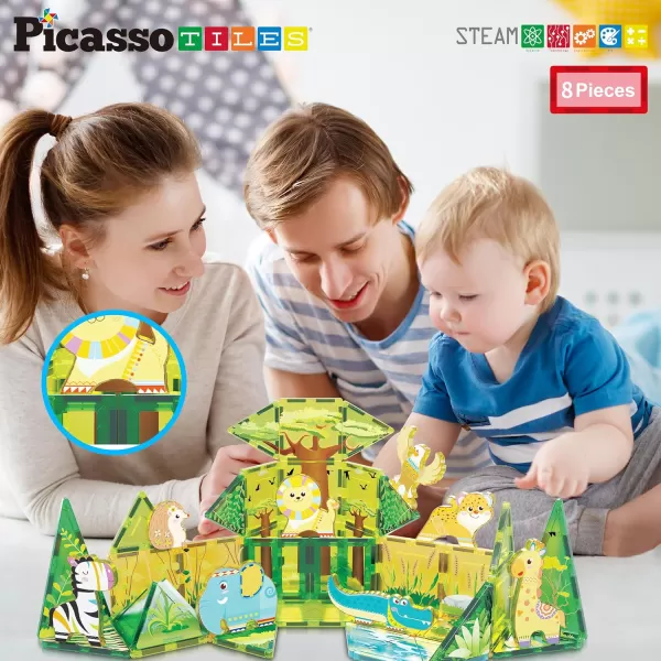 PicassoTiles 8pc Magnet Tile Building Blocks 8 Marine Animal Action Figures Compatible Magnetic Accessory Playset Tiles Kids Toys STEM Educational Learning Preschool Toddler Girls Boys Age 3 PTA25Safari