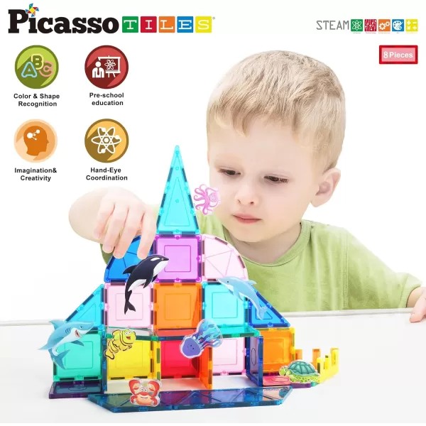 PicassoTiles 8pc Magnet Tile Building Blocks 8 Marine Animal Action Figures Compatible Magnetic Accessory Playset Tiles Kids Toys STEM Educational Learning Preschool Toddler Girls Boys Age 3 PTA25Marine