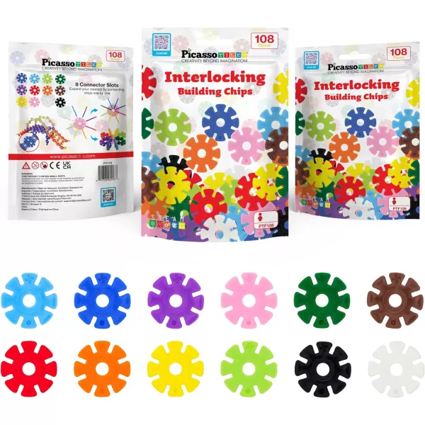PicassoTiles Building Chips Interlocking Disc Construction Blocks in 12 Colors STEM Learning Early Education Toy Engineering Playset Child Brain Development for Toddlers Girls Boys Kids Age 3 PTF108Chip 108pc 12 Colors