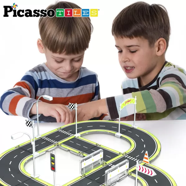 PicassoTiles Dinosaur Magnet Tile Race Car Track with 8 Magnetized Action Figures 2 Cars Accessory Street Sign Kit Magnetic Tiles Construction Building Block Pretend Play Education Toy Ages 3 PTR02Road w Sign
