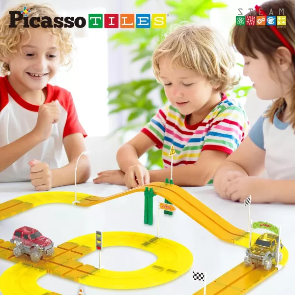 PicassoTiles Dinosaur Magnet Tile Race Car Track with 8 Magnetized Action Figures 2 Cars Accessory Street Sign Kit Magnetic Tiles Construction Building Block Pretend Play Education Toy Ages 3 PTR02Traffic Sign