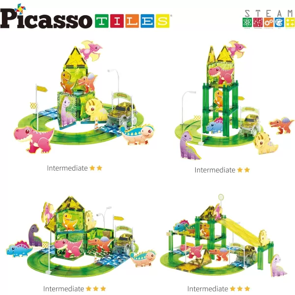 PicassoTiles Dinosaur Magnet Tile Race Car Track with 8 Magnetized Action Figures 2 Cars Accessory Street Sign Kit Magnetic Tiles Construction Building Block Pretend Play Education Toy Ages 3 PTR0289pc Dinosaur