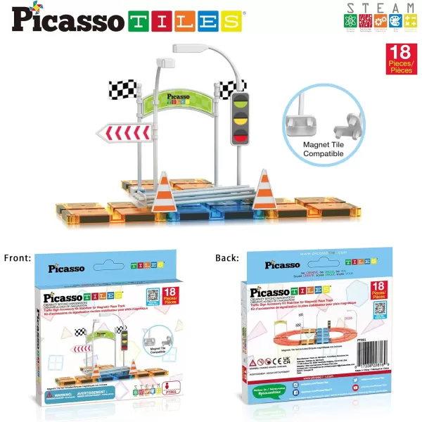 PicassoTiles Dinosaur Magnet Tile Race Car Track with 8 Magnetized Action Figures 2 Cars Accessory Street Sign Kit Magnetic Tiles Construction Building Block Pretend Play Education Toy Ages 3 PTR02Traffic Sign