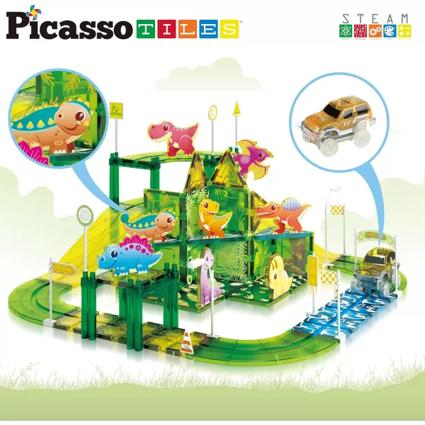 PicassoTiles Dinosaur Magnet Tile Race Car Track with 8 Magnetized Action Figures 2 Cars Accessory Street Sign Kit Magnetic Tiles Construction Building Block Pretend Play Education Toy Ages 3 PTR0289pc Dinosaur