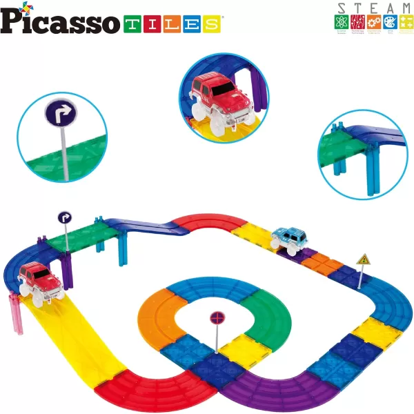 PicassoTiles Dinosaur Magnet Tile Race Car Track with 8 Magnetized Action Figures 2 Cars Accessory Street Sign Kit Magnetic Tiles Construction Building Block Pretend Play Education Toy Ages 3 PTR0230PC Race Track