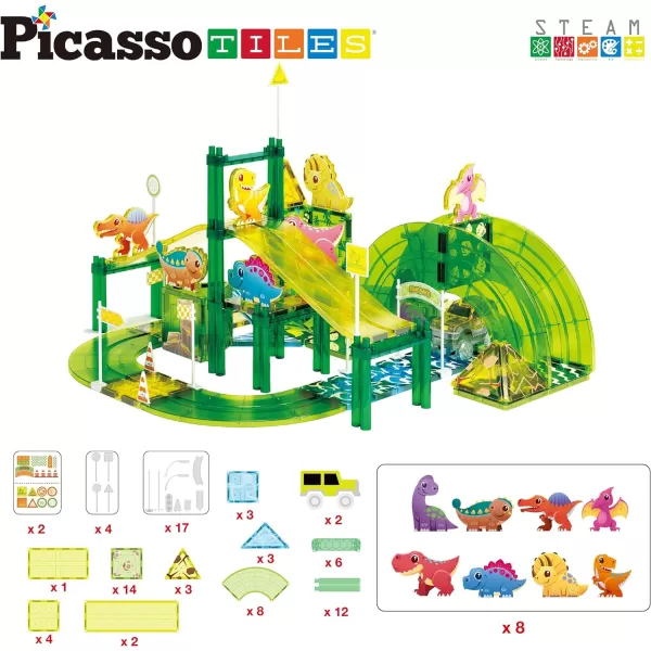 PicassoTiles Dinosaur Magnet Tile Race Car Track with 8 Magnetized Action Figures 2 Cars Accessory Street Sign Kit Magnetic Tiles Construction Building Block Pretend Play Education Toy Ages 3 PTR0289pc Dinosaur