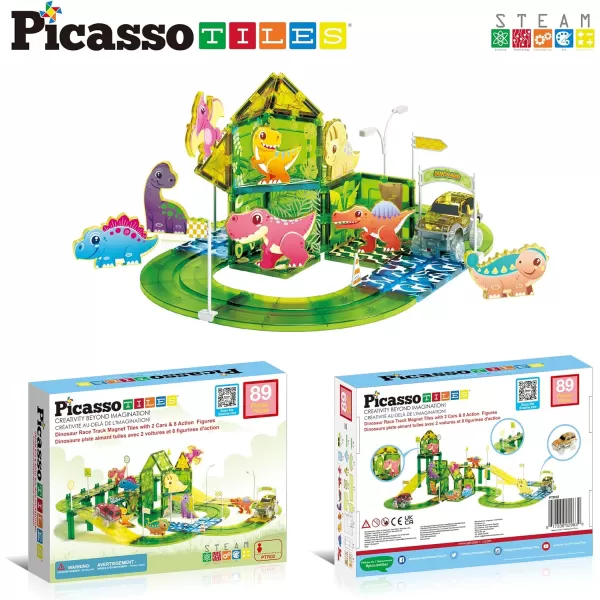 PicassoTiles Dinosaur Magnet Tile Race Car Track with 8 Magnetized Action Figures 2 Cars Accessory Street Sign Kit Magnetic Tiles Construction Building Block Pretend Play Education Toy Ages 3 PTR0289pc Dinosaur