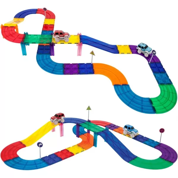 PicassoTiles Dinosaur Magnet Tile Race Car Track with 8 Magnetized Action Figures 2 Cars Accessory Street Sign Kit Magnetic Tiles Construction Building Block Pretend Play Education Toy Ages 3 PTR0230PC Race Track