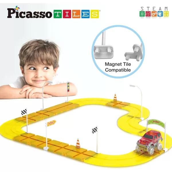 PicassoTiles Dinosaur Magnet Tile Race Car Track with 8 Magnetized Action Figures 2 Cars Accessory Street Sign Kit Magnetic Tiles Construction Building Block Pretend Play Education Toy Ages 3 PTR02Traffic Sign