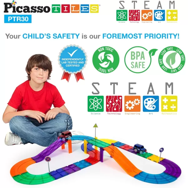 PicassoTiles Dinosaur Magnet Tile Race Car Track with 8 Magnetized Action Figures 2 Cars Accessory Street Sign Kit Magnetic Tiles Construction Building Block Pretend Play Education Toy Ages 3 PTR0230PC Race Track