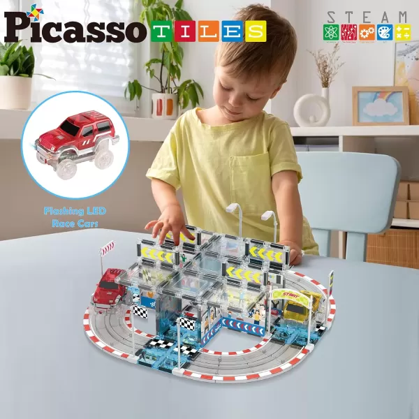 PicassoTiles Dinosaur Magnet Tile Race Car Track with 8 Magnetized Action Figures 2 Cars Accessory Street Sign Kit Magnetic Tiles Construction Building Block Pretend Play Education Toy Ages 3 PTR0264pc w Stadium Seating