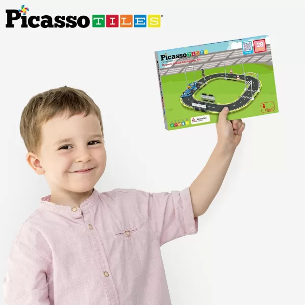 PicassoTiles Dinosaur Magnet Tile Race Car Track with 8 Magnetized Action Figures 2 Cars Accessory Street Sign Kit Magnetic Tiles Construction Building Block Pretend Play Education Toy Ages 3 PTR02Road w Sign