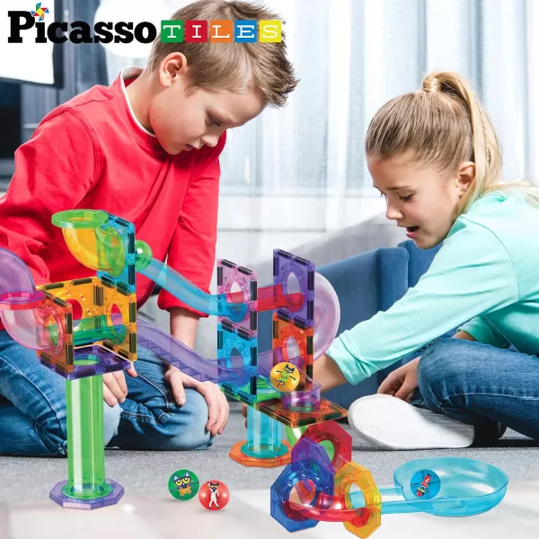PicassoTiles Magnet Marble Run Tiles Pete The Cat Themed Character Marbles for Magnetic Building Block Construction Tile Maze Structures STEM Learning Pretend Play Fun Toys Girls Boys Ages 3 PTG02Pete the Cat 4PC